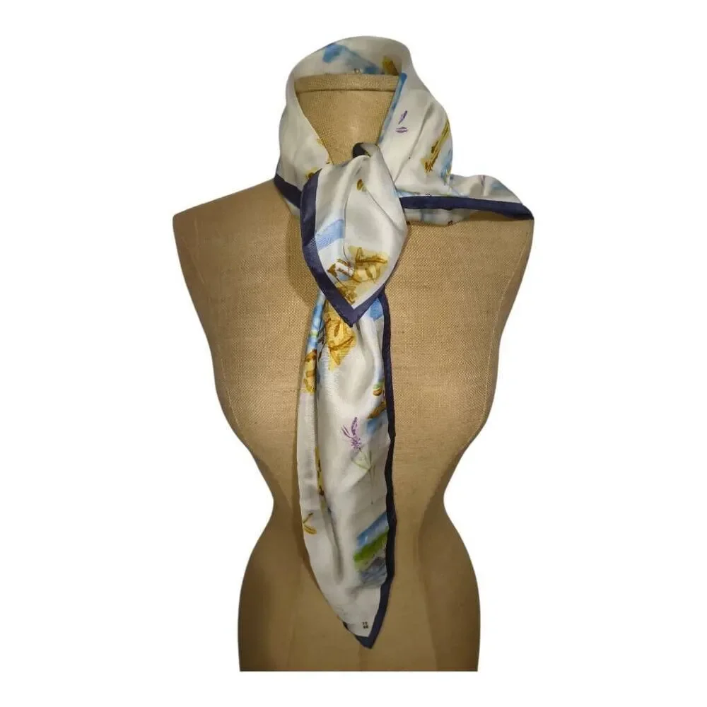 Talbots Nautical Silk Scarf Lighthouses seashells Ocean Cottages White Blue tan